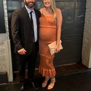 Pink Blush Orange Satin Smocked Fitted Maternity Midi Dress